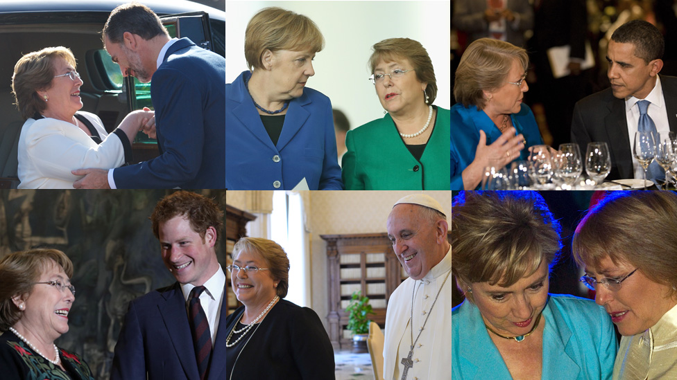 Bachelet, una líder internacional. Acá, con el rey de España, Ángela Merkel, Barak Obama, el príncipe Harry, el papa Francisco y Hillary Clinton. Bachelet y el mundo