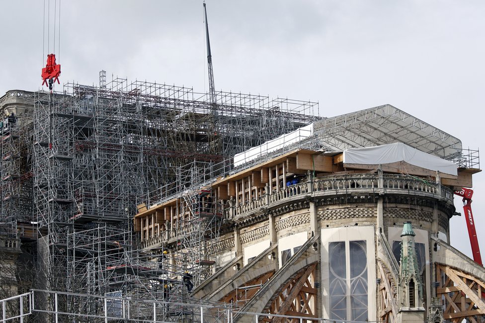 Scaffolding is seen on the Notre-Dame cathedral