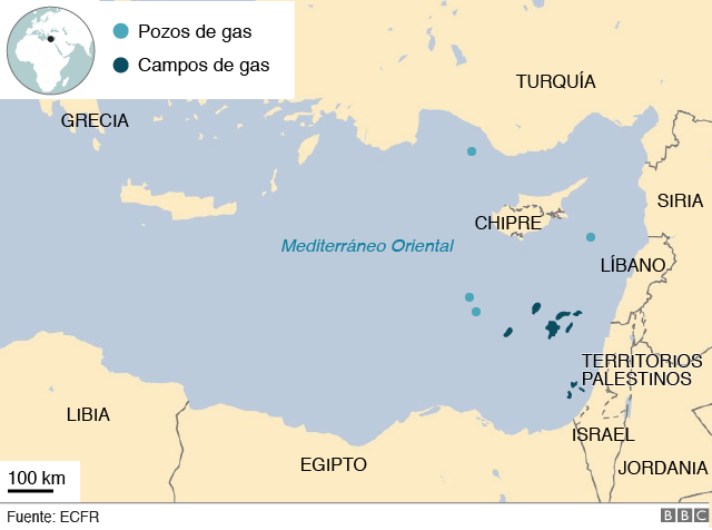Campos y pozos de gas en el Mediterráneo.