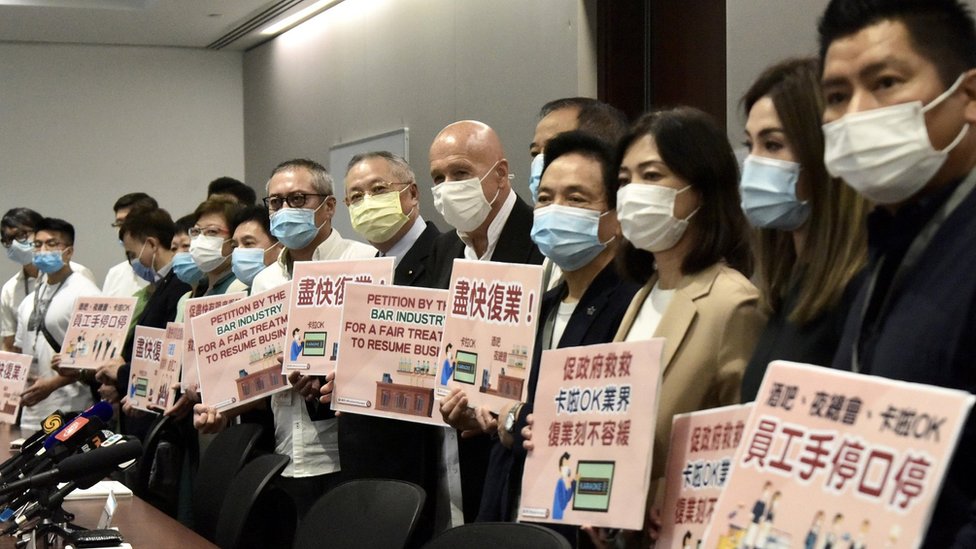 Allan Zeman, Chairman of Lan Kwai Fong Group, Legislator Tommy Cheung Yu-yan and representatives of Bar industry attend a news conference amid the coronavirus outbreak on September 9, 2020 in Hong Kong, China