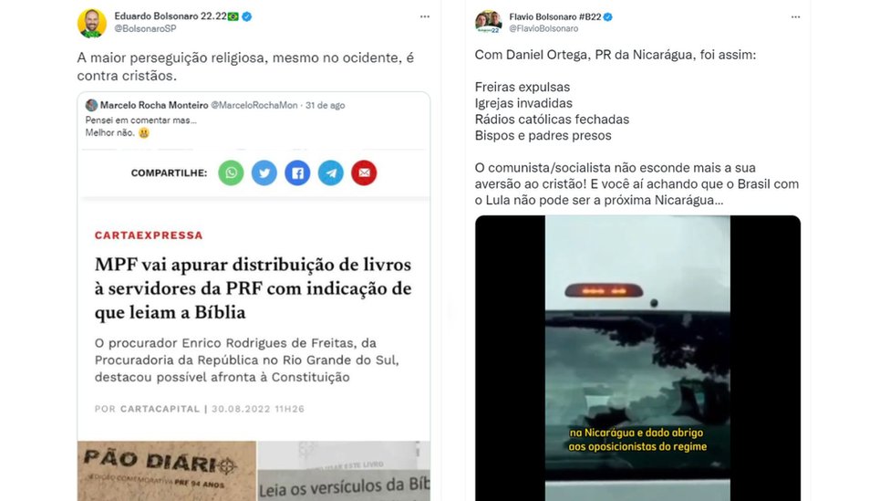 Postagens de Eduardo e Flávio Bolsonaro no Twitter trazem discurso falso de que há ameaça aos cristãos no Brasil