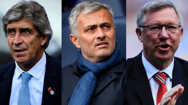 Manchester City manager Manuel Pellegrini, Chelsea manager Jose Mourinho and former Manchester United manager Sir Alex Ferguson