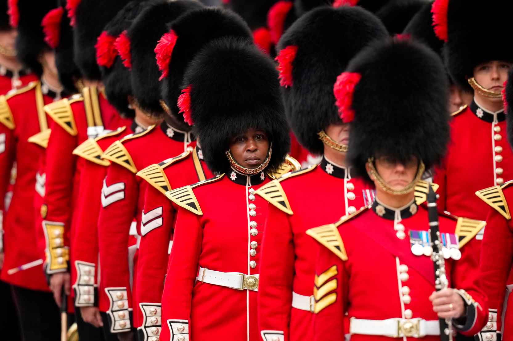 The Queen's Company, 1st Battalion Grenadier Guards in procession.