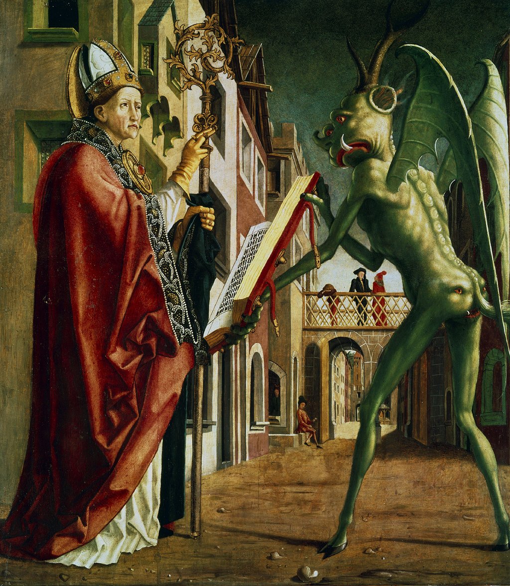 El diablo entregándole a San Agustín el libro de los vicios. Artista: Michael Pacher (c1435-1498).