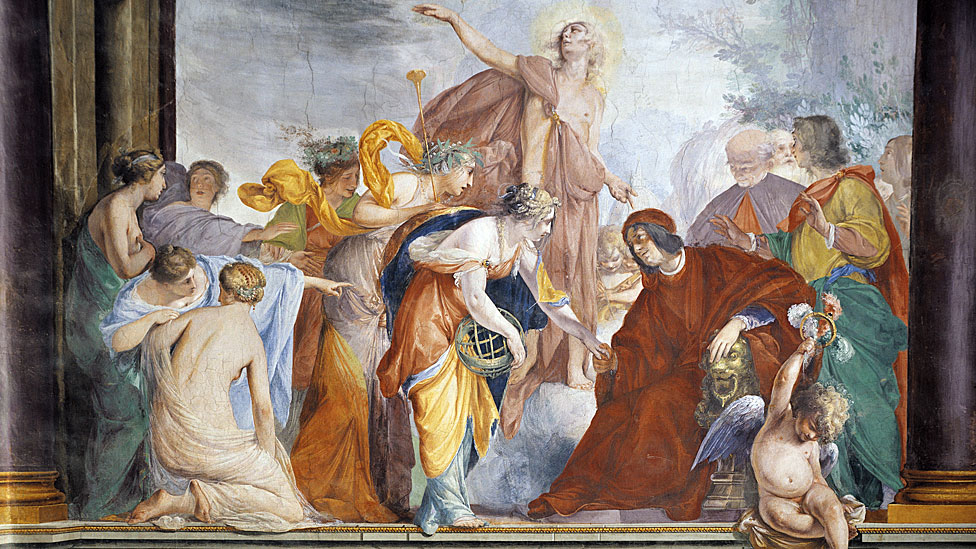 Lorenzo el Magnífico dándole la bienvenida a Florencia a las Musas y las Virtudes acompañadas de Apolo, fresco de Francesco Montelatici conocido como Cecco Bravo (1607-1661).