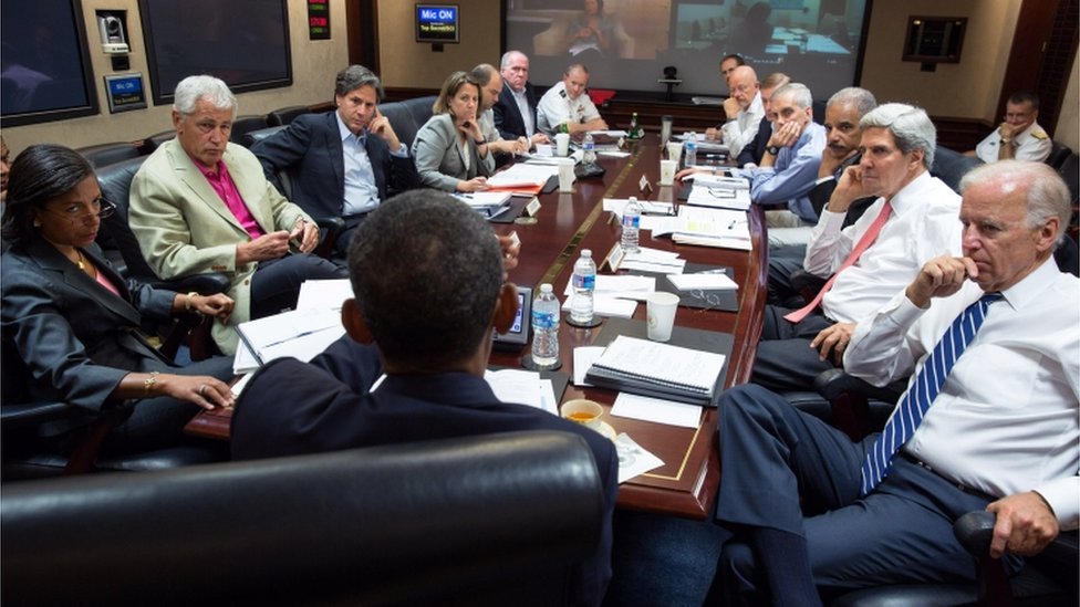 Blinken (centre left) participates in a White House presidential briefing