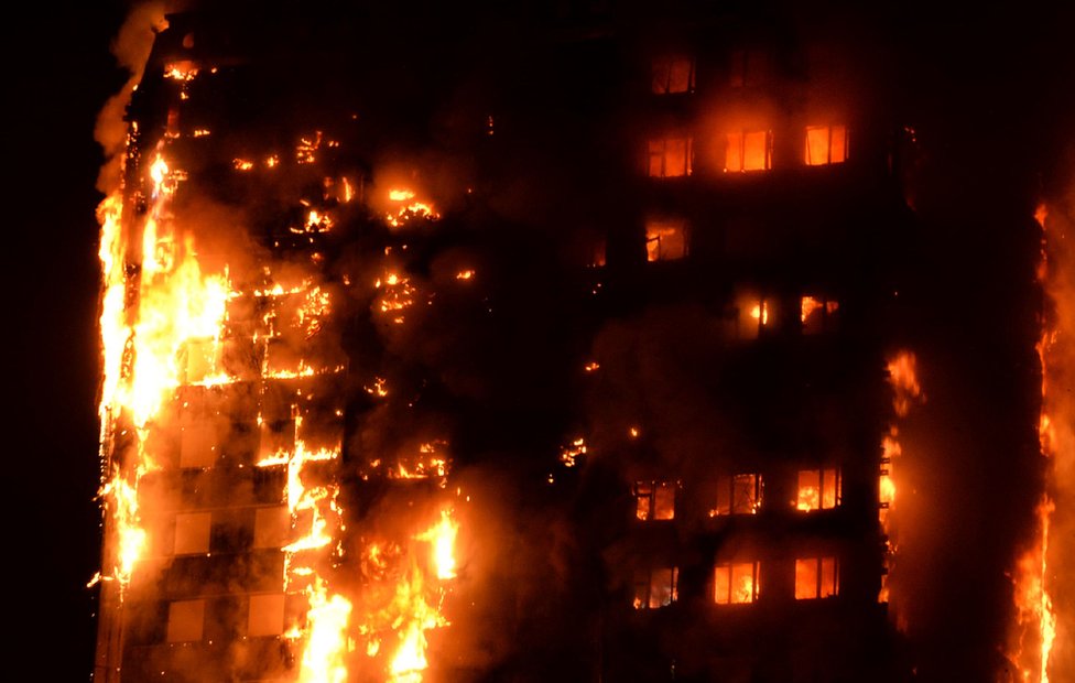 Las llamas devoran prácticamente entera la Torre Grenfell, una construcción de más de 24 plantas con 120 apartamentos. La Torre Grenfell en llamas.