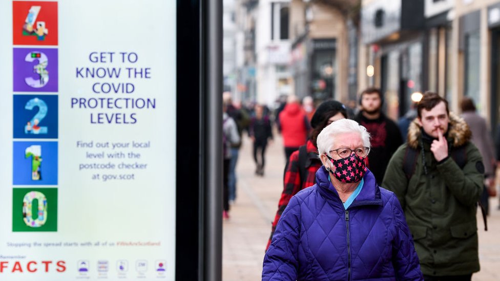 People in a street in Scotland alongside a sign on Covid protection rules