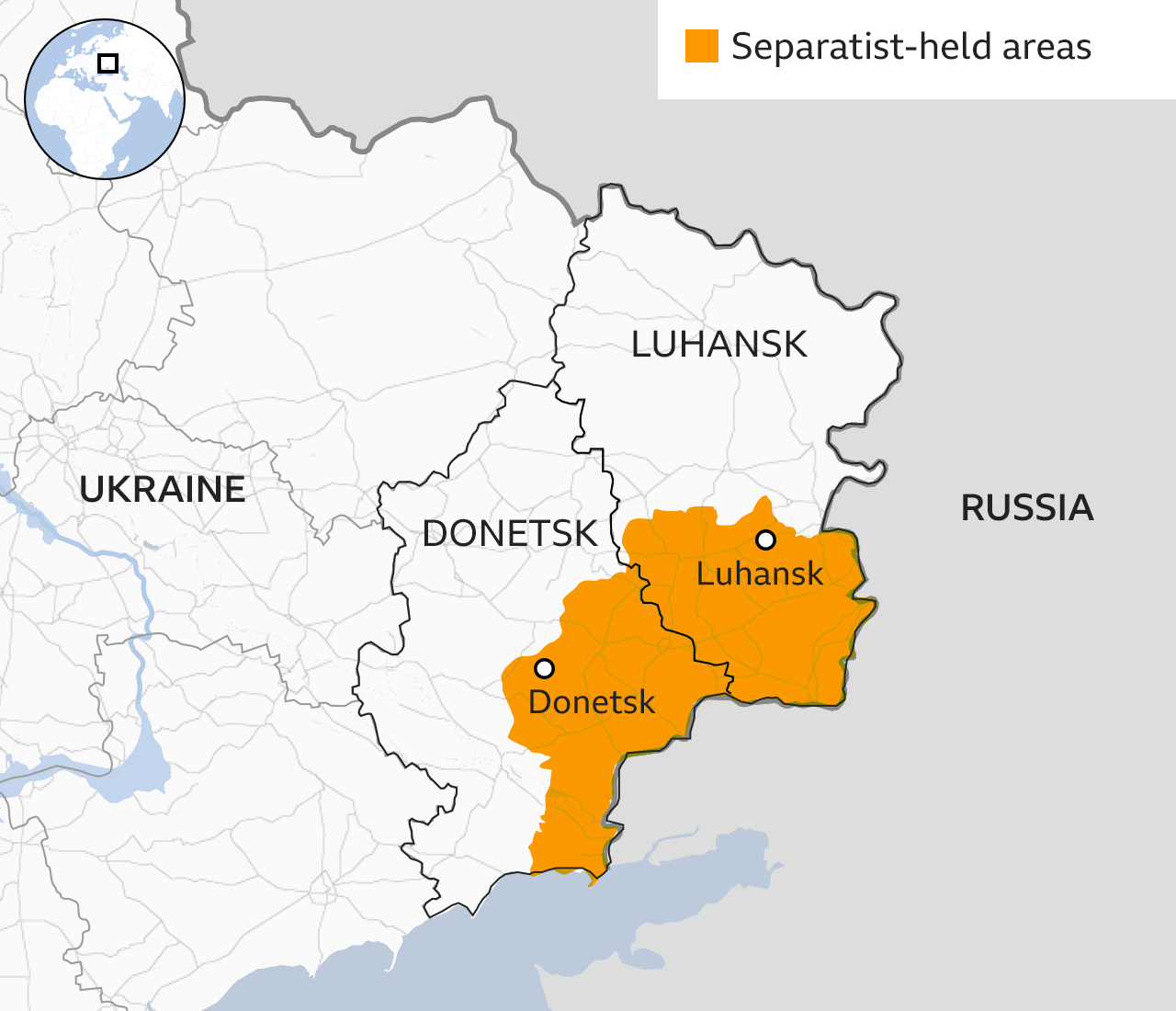 Map showing the separatist regions in Luhansk and Donetsk in eastern Ukraine