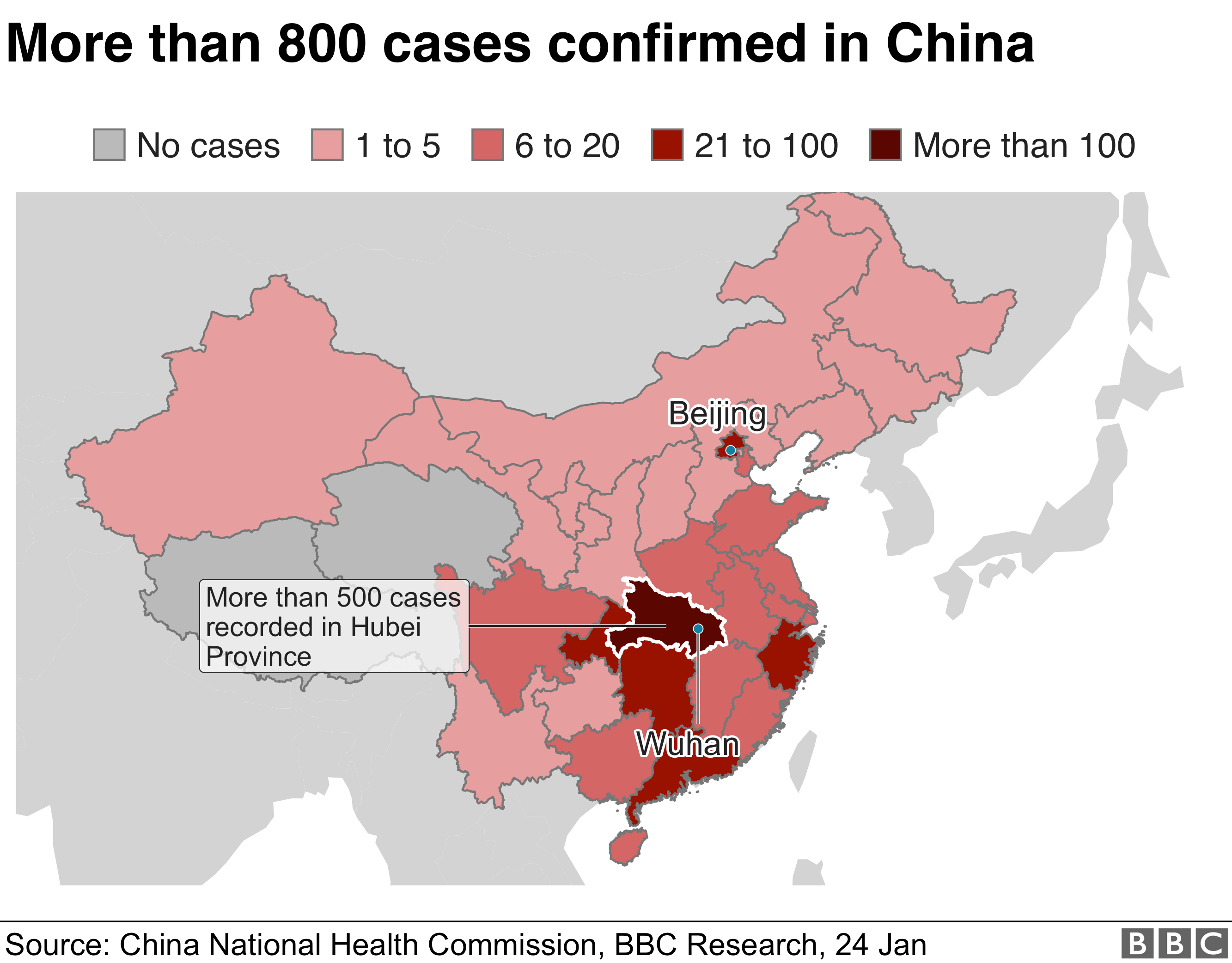 Тепловая карта показывает распространение вируса в Китае