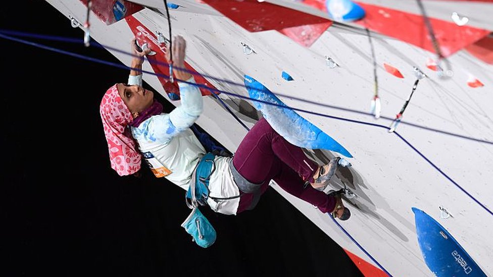 File photo showing Elnaz Rekabi wearing a hijab as she competes at the indoor World Climbing and Paraclimbing Championships in Paris on 14 September 2016