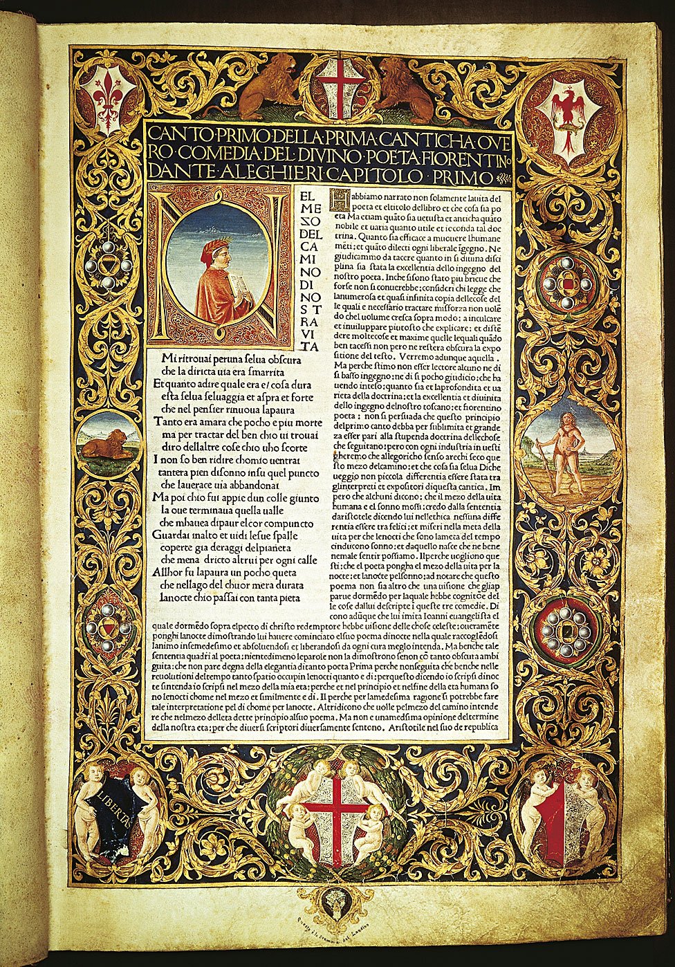 El infierno de la Divina Comedia, primera página iluminada, edición anotada por Cristoforo Landino, 1481. Florencia, Biblioteca Nazionale Centrale