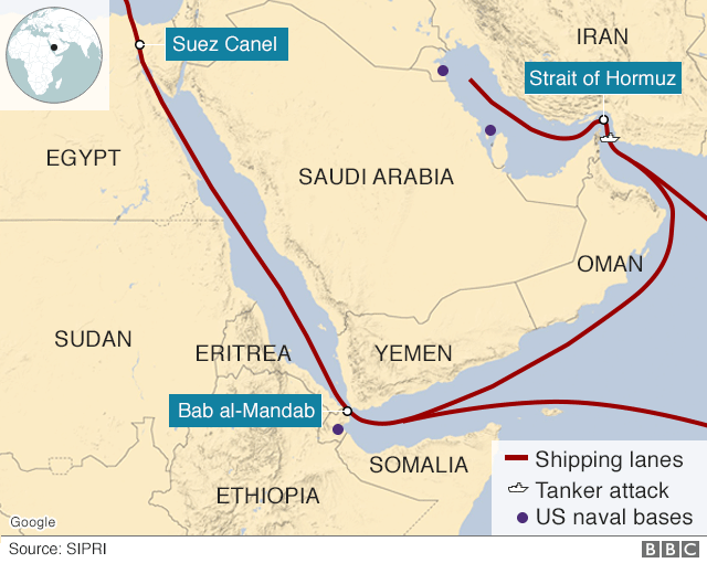 Карта, показывающая Ормузский пролив, Суэцкий канал и пролив Бал аль-Мандаб