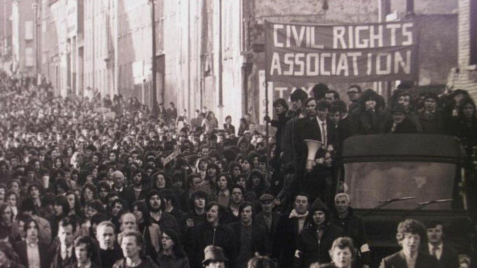 Civil rights' marchers on the streets of Derry on Bloody Sunday