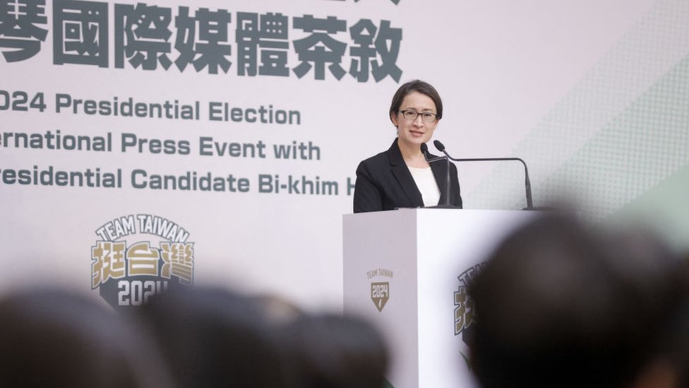 Democratic Progressive Party (DPP) vice presidential candidate Hsiao Bi-khim attends a press conference at NTUH International Convention Center in Taipei on November 23, 2023.