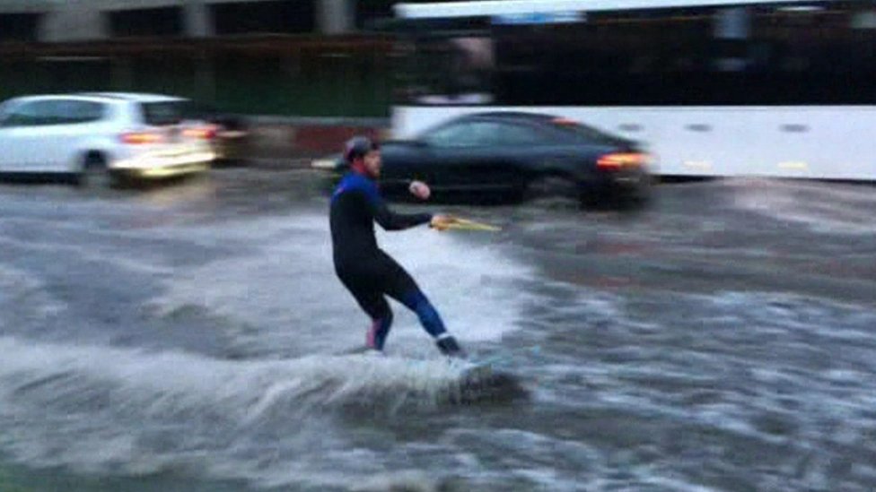 Wakeboarder in Moscow floods