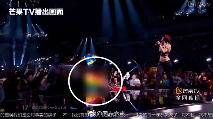 Скриншот выступления Швейцарии на Евровидении с размытым и обведенным кружком радужным флагом в зале