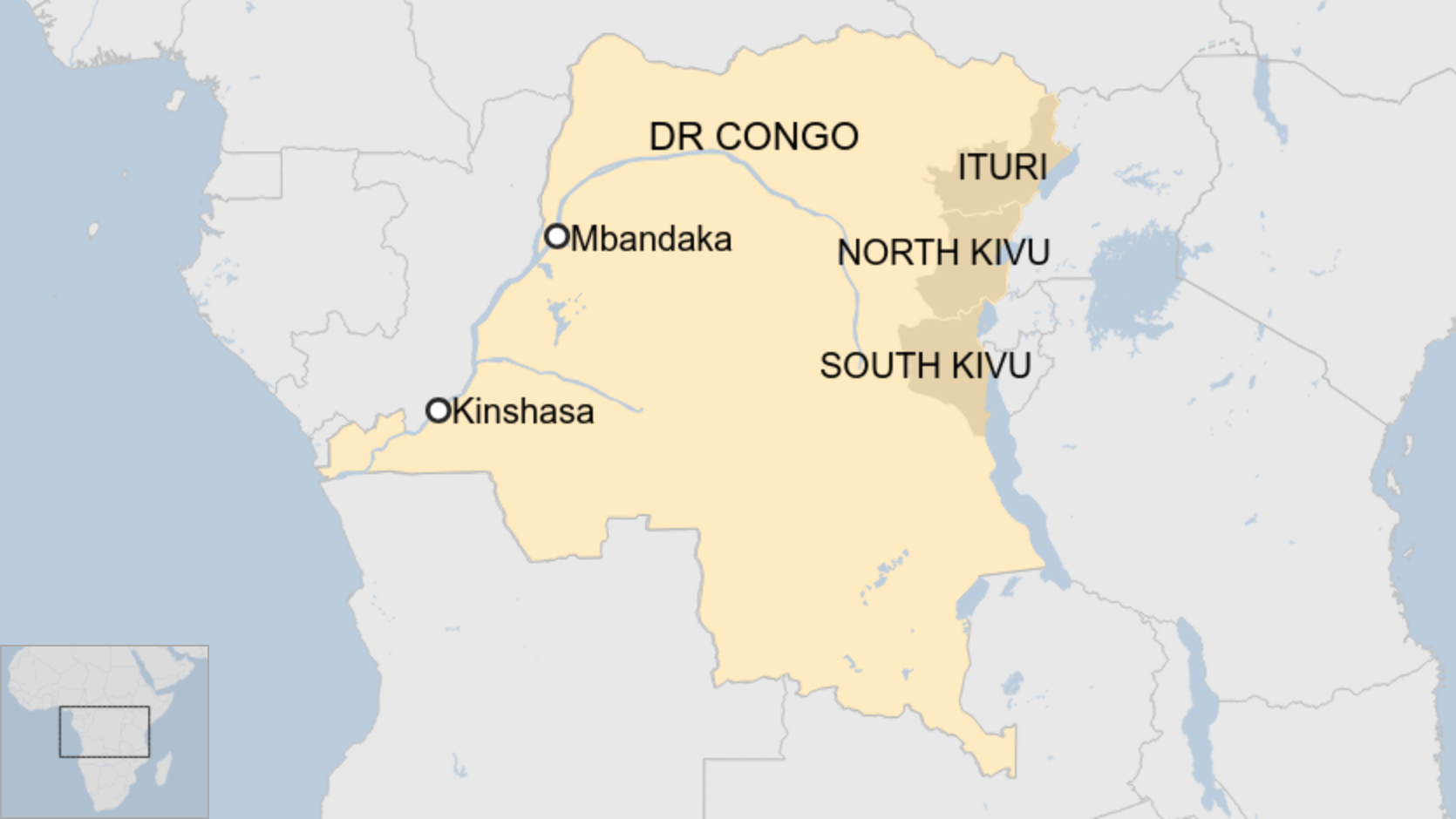Карта ДР Конго, на которой показаны провинции Итури, Северное Киву, Южное Киву и города Киншаса и Мбандака.