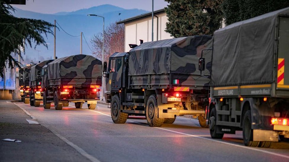 A convoy of army trucks carrying coffins of Covid-19 victims in Bergamo