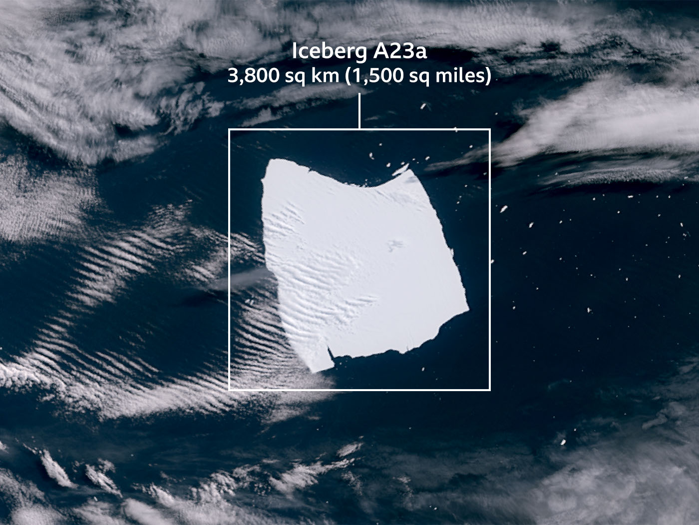 An image of the A23a iceberg taken by the Copernicus Sentinel-3 satellite