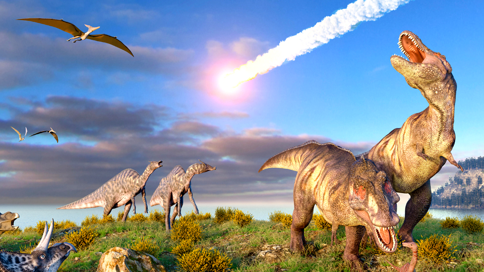 An asteroid is seen entering the Earth's atmosphere as dinosaurs flee
