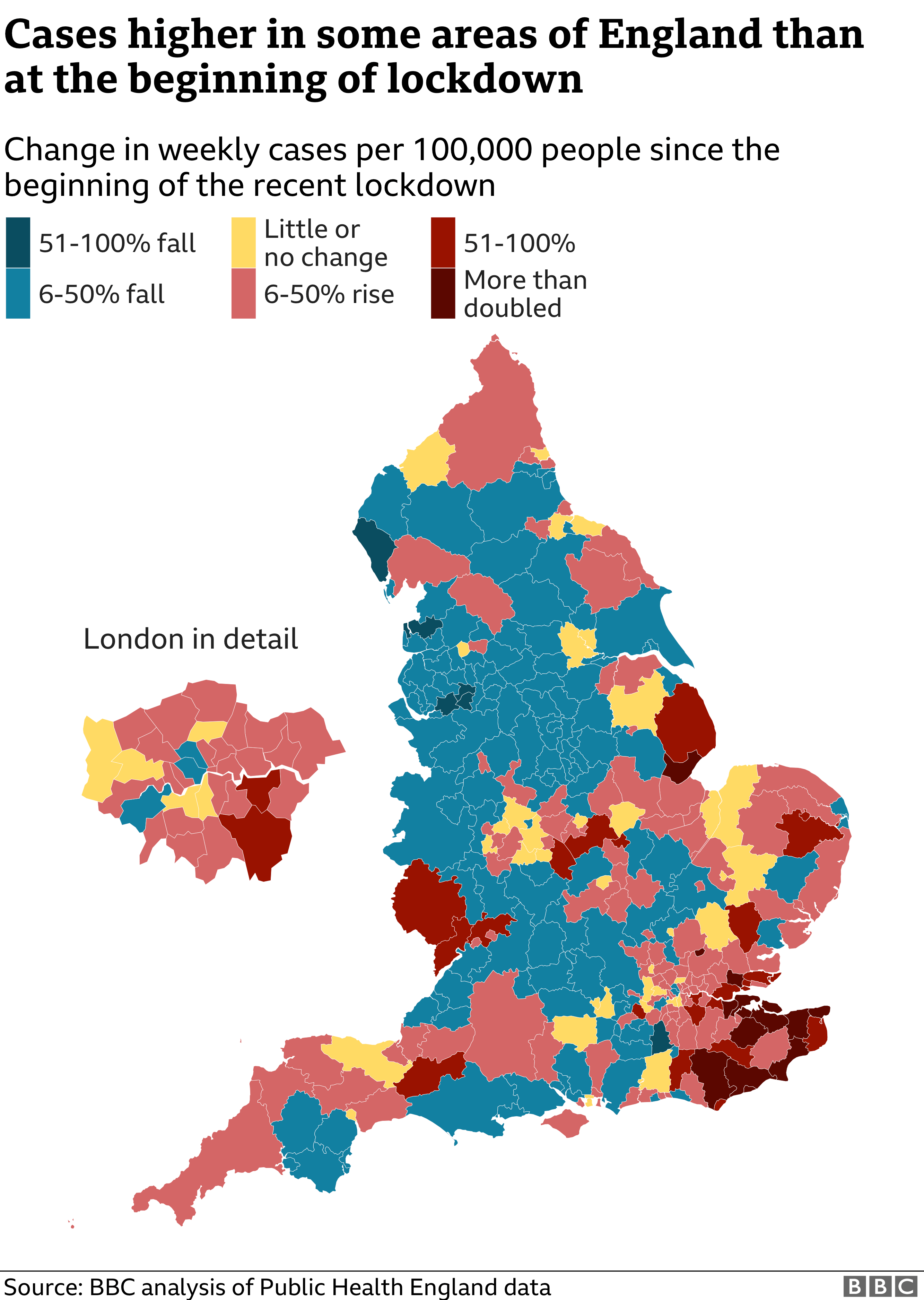 Как изменились случаи заболевания в некоторых районах Англии после начала изоляции?