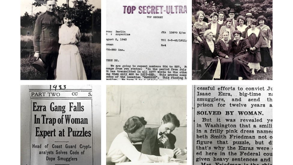 Fotos de los Friedman y recortes de diarios de época recolectados por Fagone para su libro sobre la "heroína estadounidense olvidada". (Foto: Jason Fagone) Recortes de diarios y fotos de Elizebeth Friedman. (Crédito: Jason Fagone)