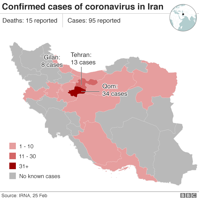 Карта со случаями коронавируса в Иране (24 февраля 2020 г.)