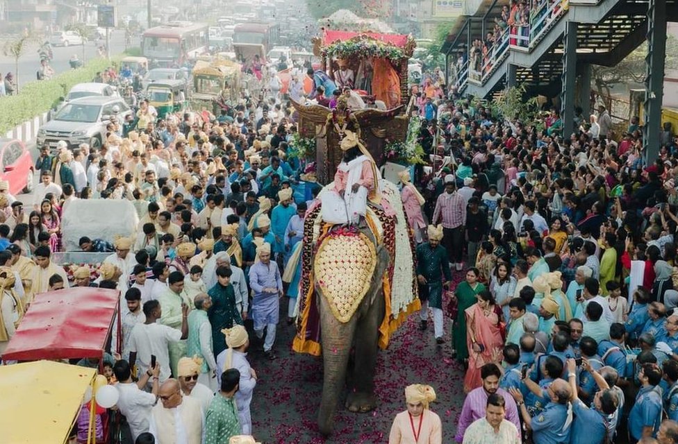 Devanshi y su familia en una carroza que es tirada por un elefante rodeados de miles de personas
