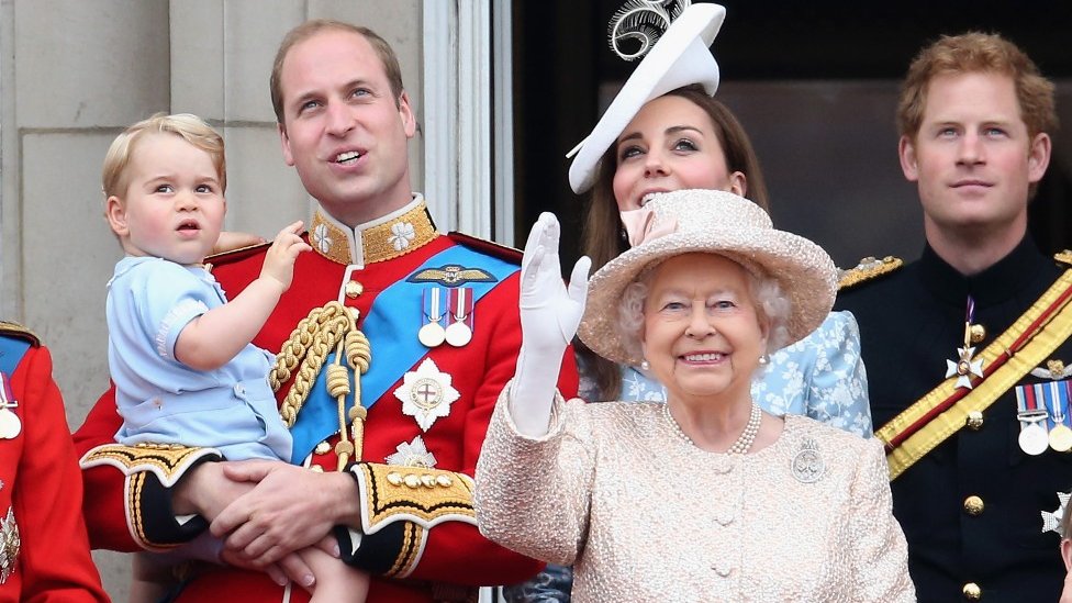 Prince George with Prince William and the Queen at the Trooping of the Colour in 2015