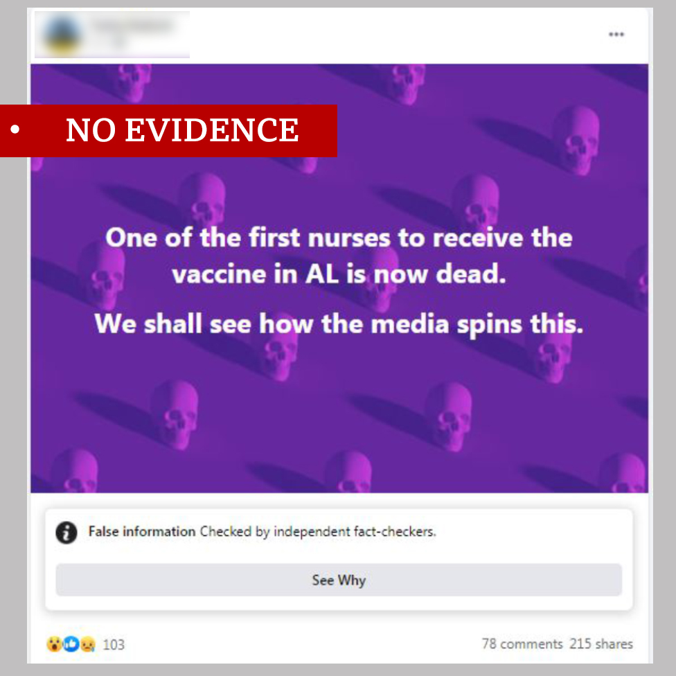 A screenshot of a Facebook post labeled "No Evidence". With a purple background with a repeating graphic of skulls, the post says "One of the first nurses to receive the vaccine in AL is now dead, We shall see how the media spins this."