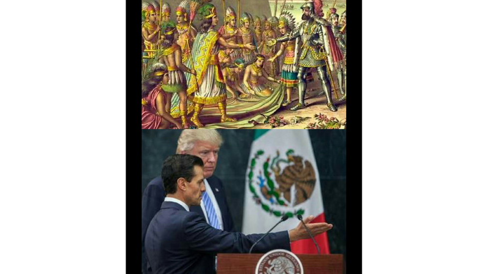 Фотография, сравнивающая испанское завоевание с Мексикой и встречу между Дональдом Трампом и Энрике Пена Ньето