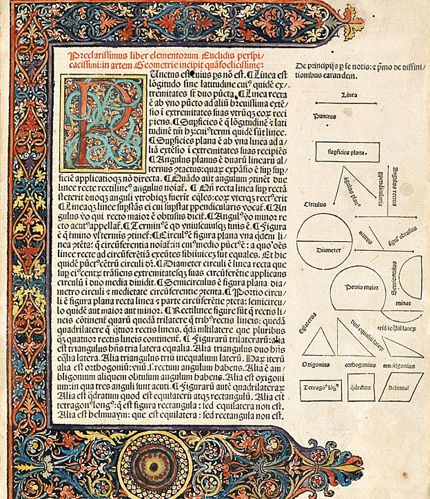 Página de inicio con texto en latín y diagramas de la primera edición impresa (Venecia, 1482) de los 