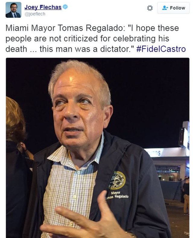 Твиттер Джои Флечаса из Miami Herald цитирует мэра Майами Томаса Регаладо