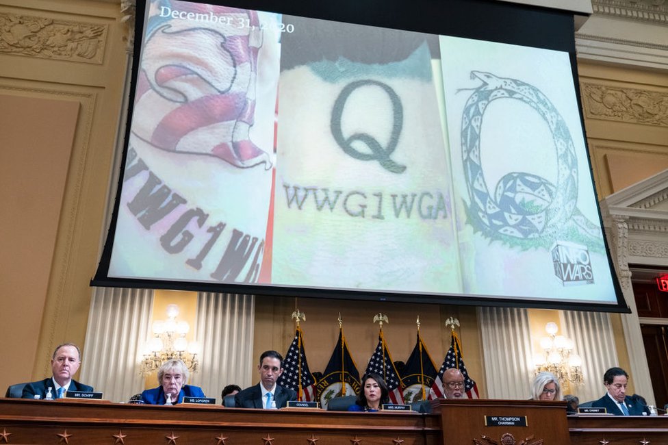 QAnon tattoos on protesters in a slide shown during congressional hearings into the storming of the US Capitol on 6 January
