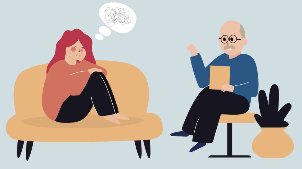 An illustration of a woman looking anguished on a sofa speaking to a man with a clipboard