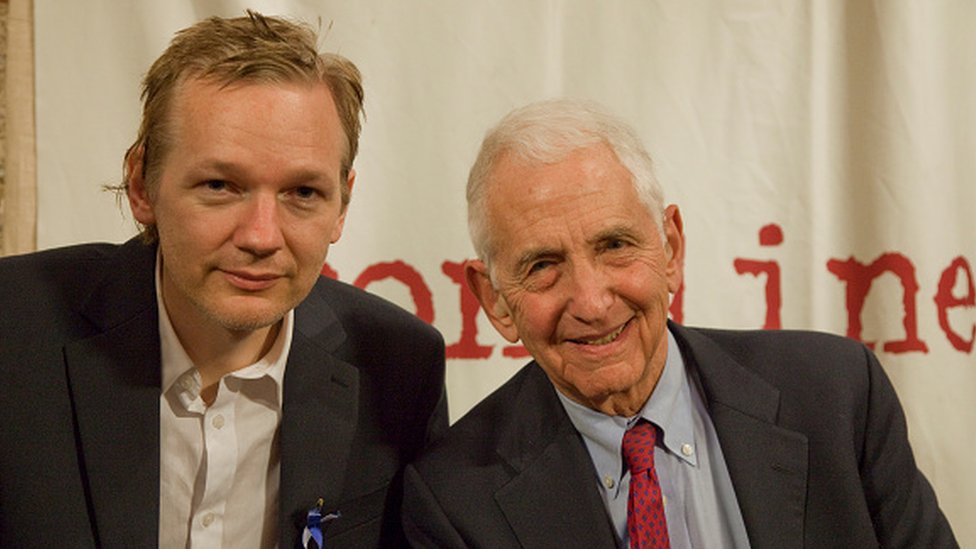 Julian Assange, founder of Wikileaks, meets with Daniel Ellsberg
