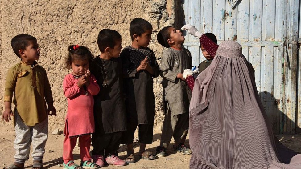 Mujer inmuniza a niños en Afganistán