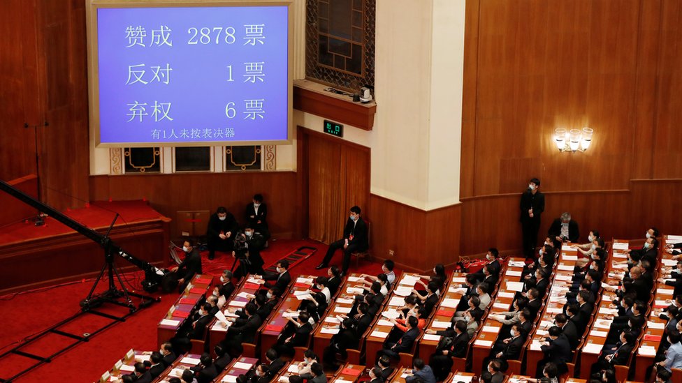 中國人大以2878票贊成、1票反對、6票棄權、1人未有按鍵下，通過香港《國安法》決定草案。