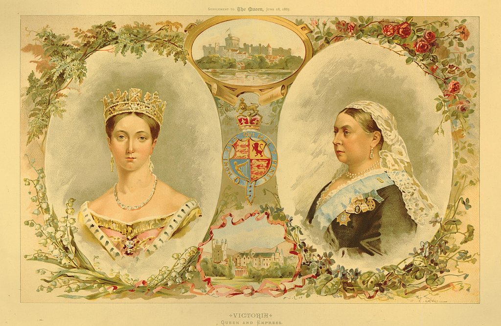 La reina Victoria tal como apareció en 1837 y 1887, de un suplemento en color.