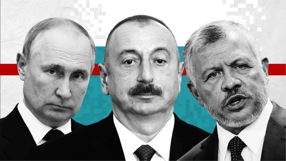 El presidente ruso Vladimir Putin, el presidente de Aizebaiyán, Ilham Aliyev y el rey de Jordania, Abdalá II bin Al Hussein.