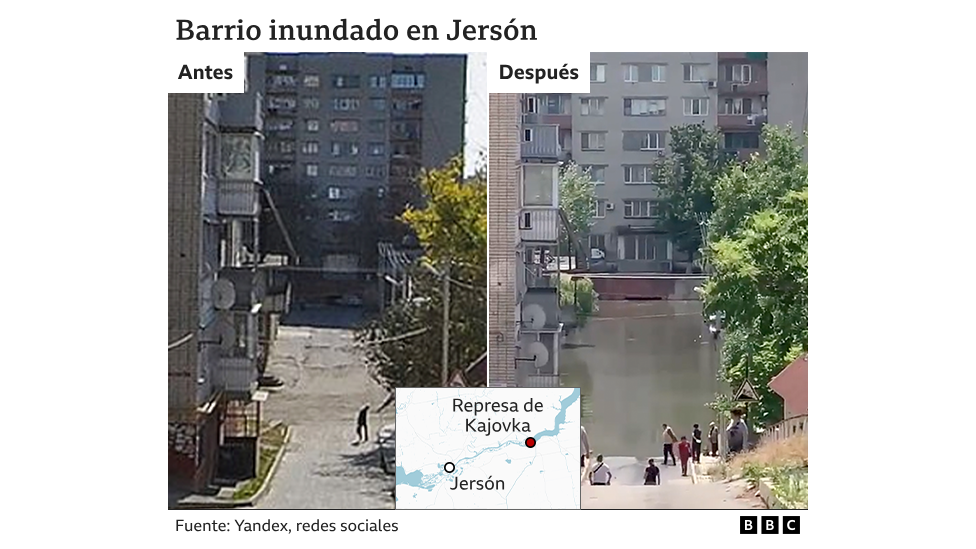 Barrio inundado en Jersón