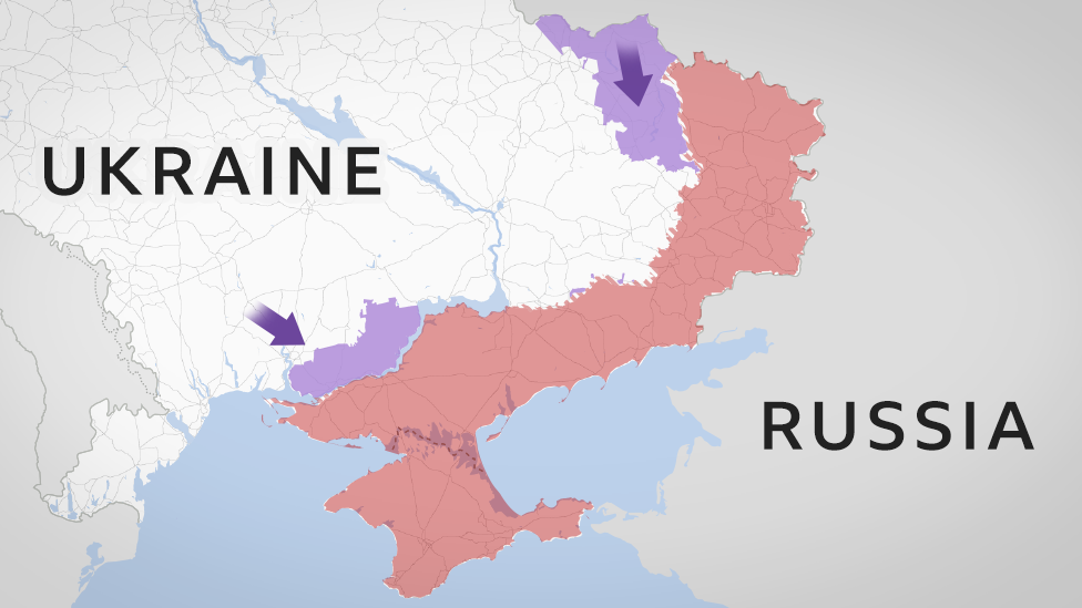 simplified control map showing contested area between Ukraine and Russia
