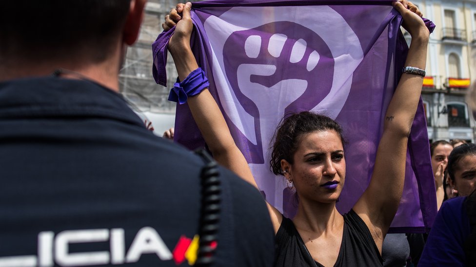 A woman protesting against the verdict of 'La Manada' case in Madrid in May 2018