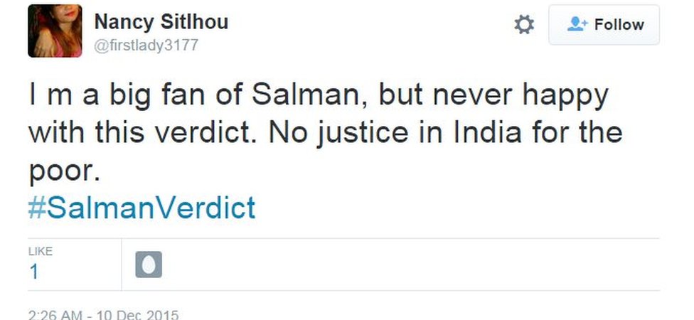 Я большой поклонник Салмана, но никогда не доволен этим вердиктом. В Индии нет правосудия для бедных.