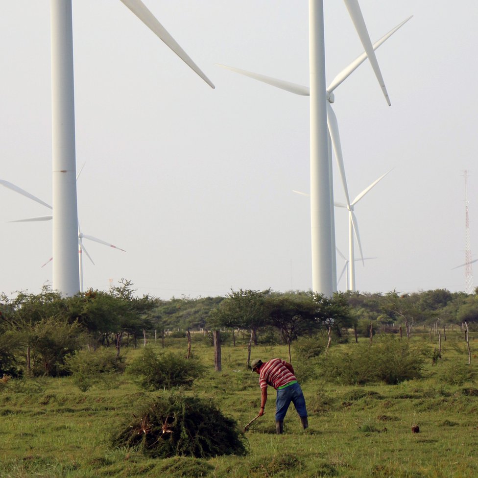 Un hombre trabaja la tierra junto a un campo eólico en Juchitán, Oaxaca, México.