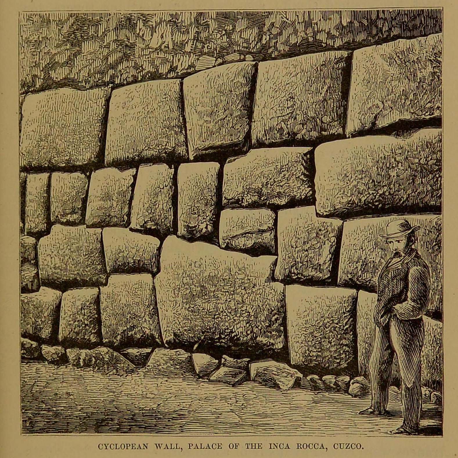 "Muro ciclópeo, palacio del inca Rocca" (Imagen del libro escrito por Squier).
