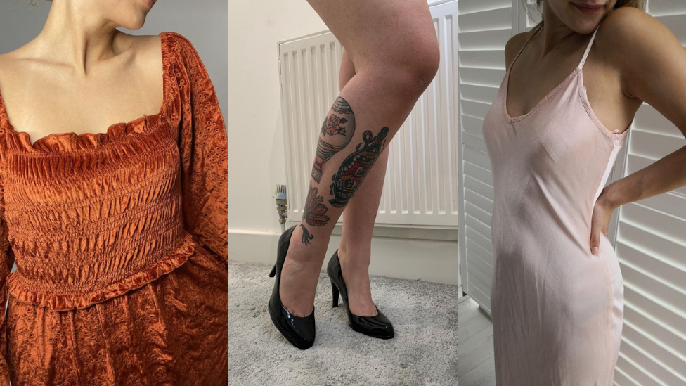 Screenshots of photos posted to platforms. Women wearing tops, shoes and dresses