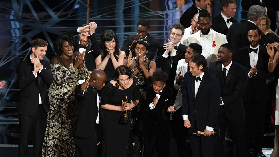 The cast and crew of Moonlight on state in 2017
