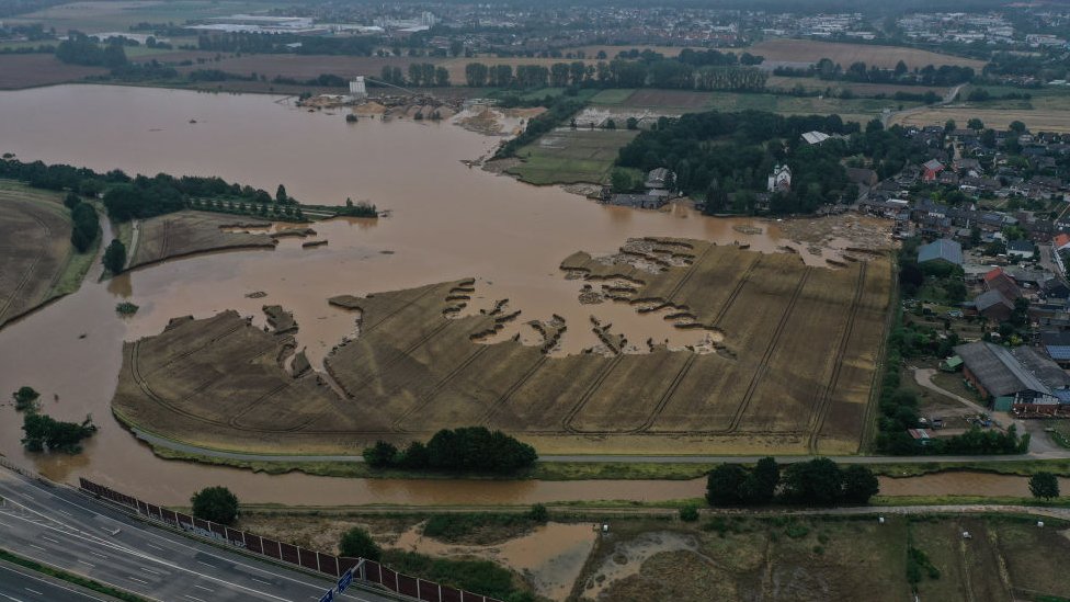A drone photo shows an aerial view of a devastated area after a severe rainstorm and flash floods hit western states of Rhineland-Palatinate and North Rhine-Westphalia, on July 17, 2021